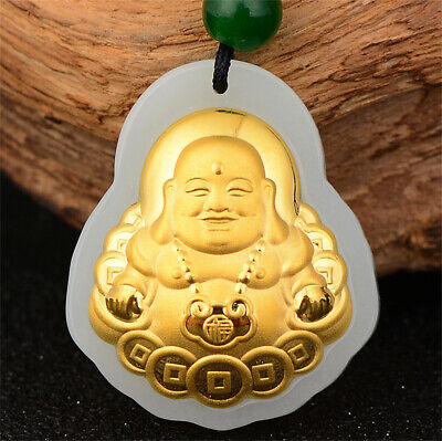 999 Yellow Gold With Natural Hetian Nephrite Jade Coin Buddha Pendant