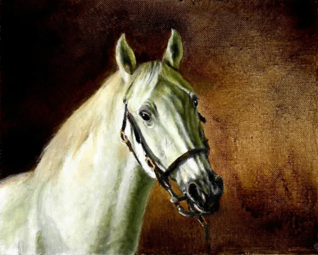 ❈ ORIGINAL Oil Portrait Painting WHITE HORSE PONY MARE Artist Signed Artwork Art