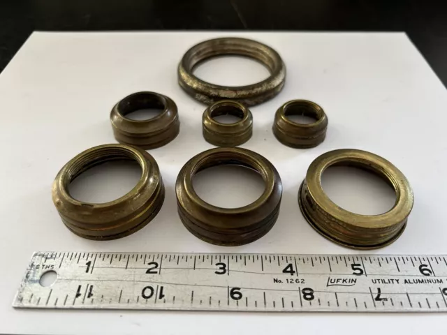 7 Used Antique Stamped 6 Brass 1 Plated Steel Oil Kerosene Lamp Burner Collars