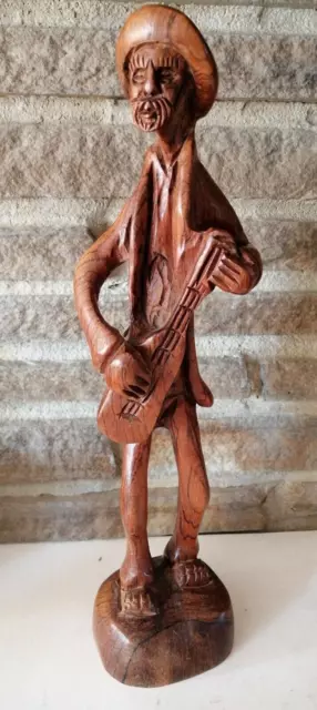 vintage hand carved Wood Statue Figurine Old Man Playing Banjo 12.8"