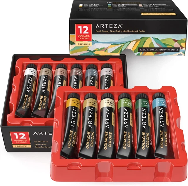 Juego de Colores ARTEZA Gouache, Juego de Pintura Para Adultos Con 12 Colores, Colores Tierra, 12 Ml