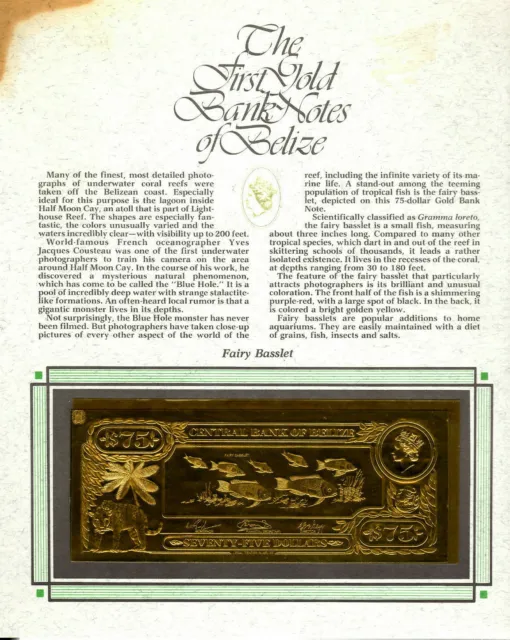22kt Gold $75 Belize 1981 Banknote- FAIRY BASSLET- RARE UNC-Stain corner display