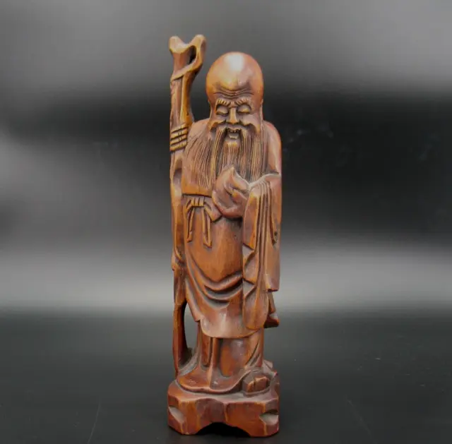 12" Shou Lao Shou Xing Hand Carved Wood Statue Asian Chinese God of Longevity