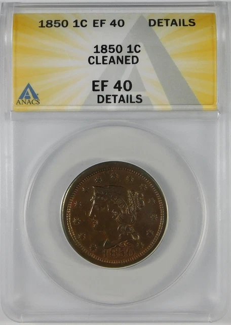 1850 1c Braided Hair Large Cent ANACS XF40 Details
