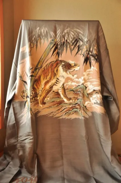 Vintage Japanese Kimono Silk Men’s Juban Olive Green Tiger Bamboo Grove Japanese
