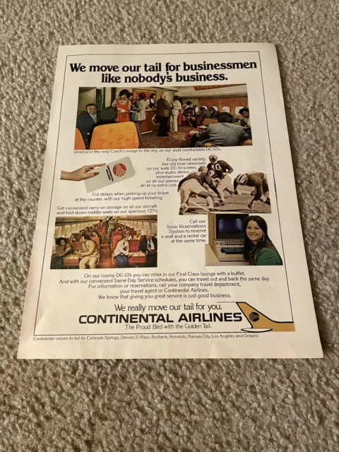 Vintage 1975 CONTINENTAL AIRLINES Print Ad 1970s AIRPLANE BUSINESS CLASS