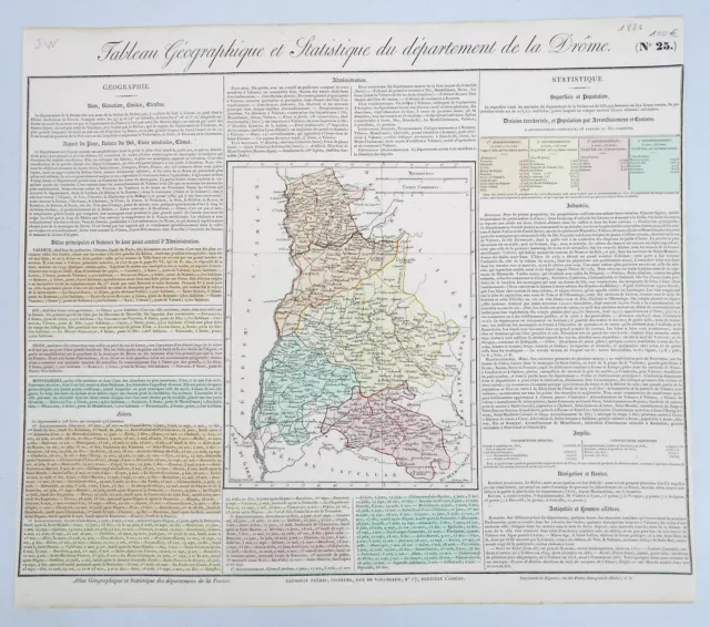 Dépt 26 - Rare Carte Géographique & Statistique de la Drôme Aquarellée de 1826