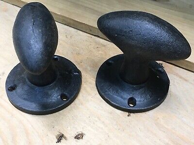 1 PAIR VINTAGE RETRO HAND FORGED OVAL SPRUNG DOOR KNOBS 65mm tarnished GF316S