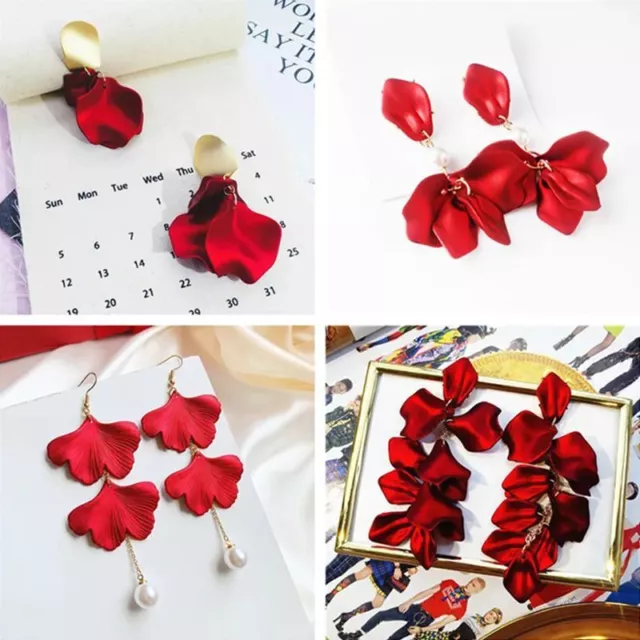 Red Rose Petals Dangle Earring Women Temperament Long Flower Petal Earring 1pair