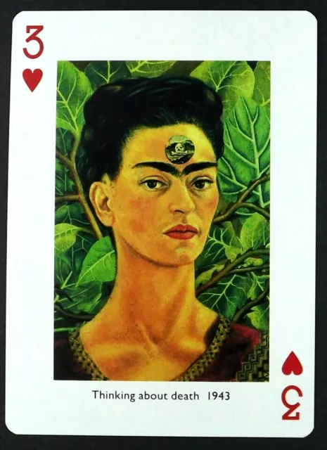 1 X PLAYING card Frida Kahlo Thinking about death 1943 3 of Hearts