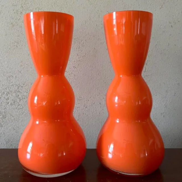 Vintage Mid Century Hand Blown Empoli Cased Glass Vase Orange Set of 2