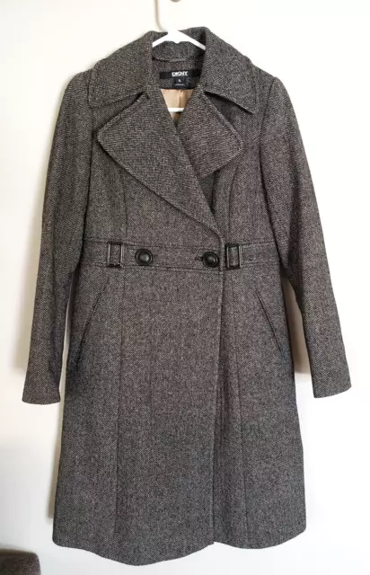 DKNY Wool Blend Trench Coat Size 6 Brown Black White Herringbone Fully Lined