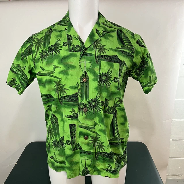 Vintage Hawaiian Shirt Fashions of Hawaii Vibrant Green Metal Butts M (499)