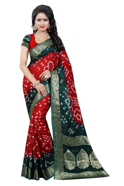 Women' Green Red Latest Zari Woven Design Bandhani Art Silk Saree & Blouse MT989
