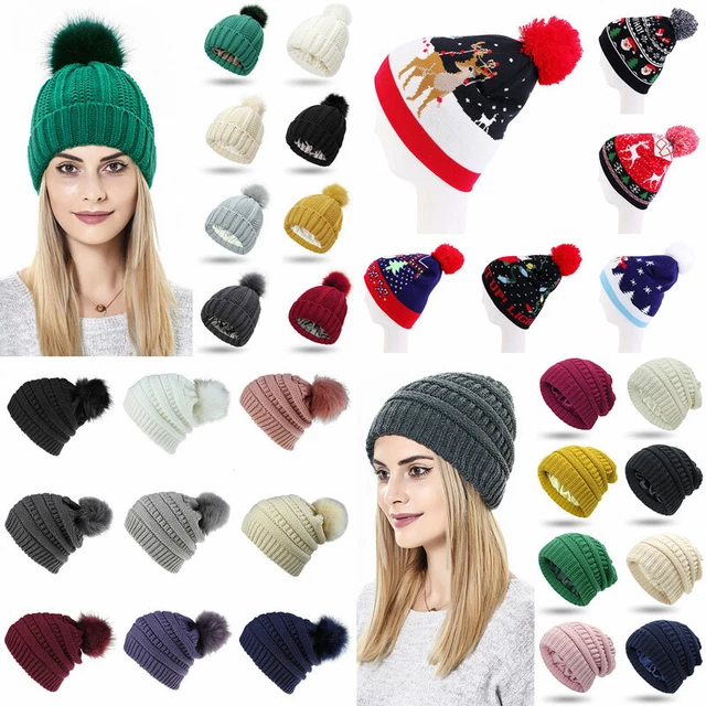 Donna Inverno Maglia Slouchy Berretto Pelliccia Finta Pompom Caldo Skull Sci U ♪