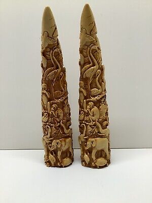 RARE Vtg hand carved resin faux Elephant Tusk pair African jungle owl Italy