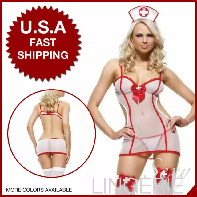 Sexy Lingerie Nurse One Piece Costume Nightwear Dress Babydoll Gstring Underwear