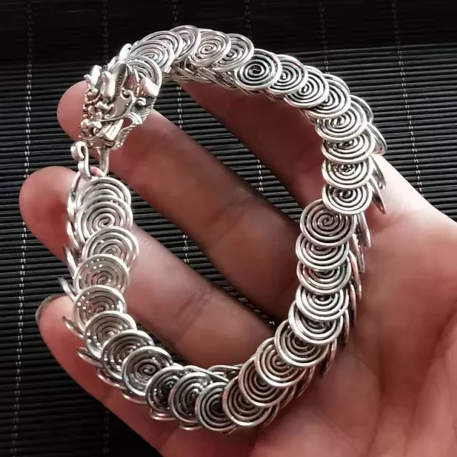 Chinese old Tibet Silver carving Dragon pattern bracelet LQ42