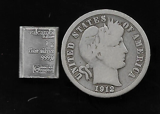 100 Year Old 1912 Silver Barber US Coin Collection Dime 99.999% VALCAMBI Bar G53