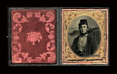 1860s Photo 2x? Armed Civil War Soldier Wearing Corps Badge, Painted Backdrop