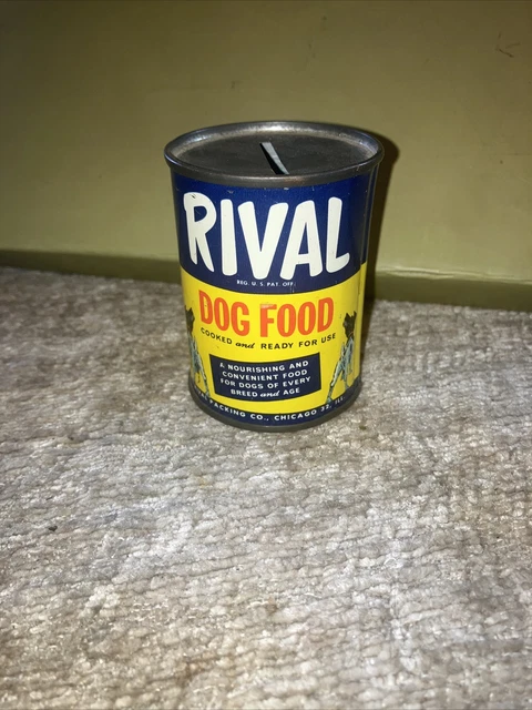 Vintage RIVAL DOG FOOD Tin Can STILL BANK Terrier Great Dane GSD Boxer
