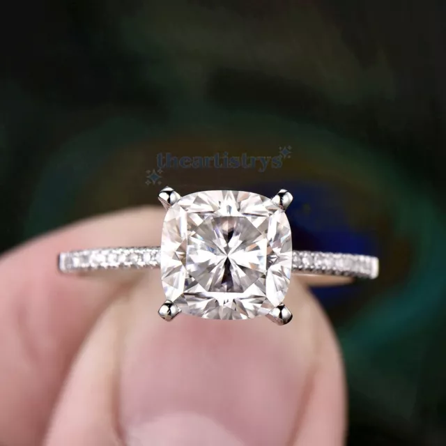 Solid 14K White Gold Moissanite Hidden Halo Engagement Ring 2.50 CT Cushion Cut