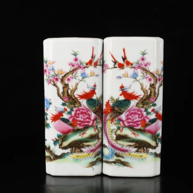 Pair Exquisite china Famile-rose Porcelain Brush pot painting phoenix flower