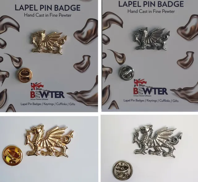 WELSH Dragon Lapel Pin Badge. Wales emblem Silver or Gold British Pewter 108/109