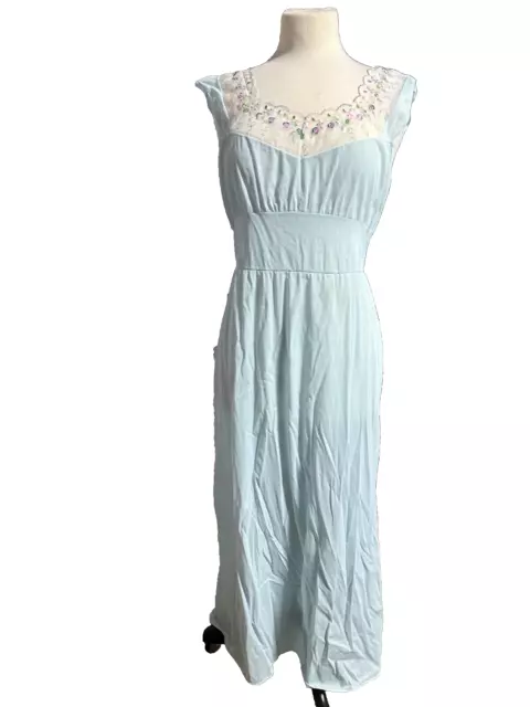 Vintage 50s Sheer Silky Blue  Nylon fitted flowing Negligee Nightgown long sz L