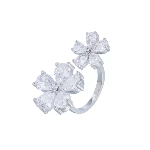 Dazzling Cubic Zircon Flower Silver Plated Open Rings for Women Wedding Jewelry