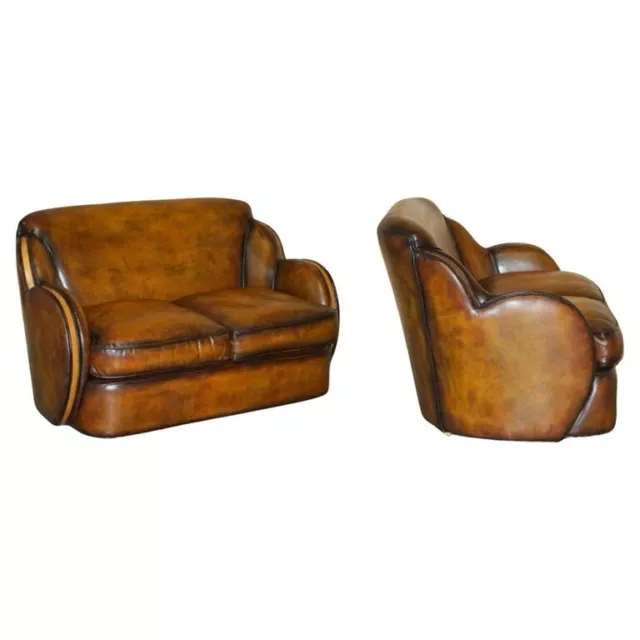1 Of 2 Of Restored Art Deco Harry & Lou Epstein Hand Dyed Brown Leather Sofas