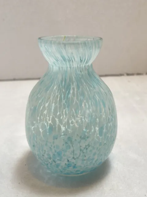 Art Glass 4” Bud Vase Pale Blue White Speckle Swirl Hand Blown Thick Glass
