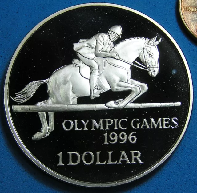 Bermuda 1 Dollar .925 Silver Coin, 1996 PROOF, Horse with rider jumping, KM#105