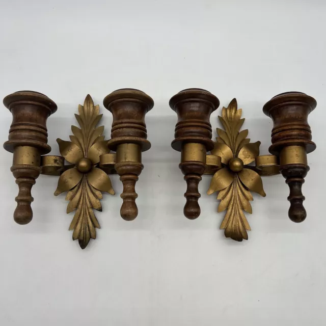 Vintage  Homco Wood & Brass Wall Sconce/Candle Holder Set (2)