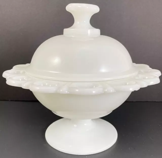 Milk Glass Compote w/ Lid Anchor Hocking Open Lace Candy Dish White VTG 6.5"H