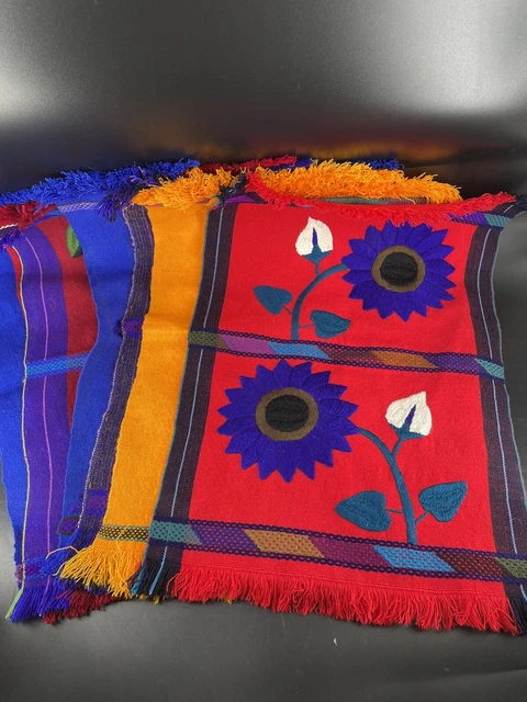 Vintage Chiapas Mexico Embroidered Art Sunflower Placemats Boho Colorful Set 7