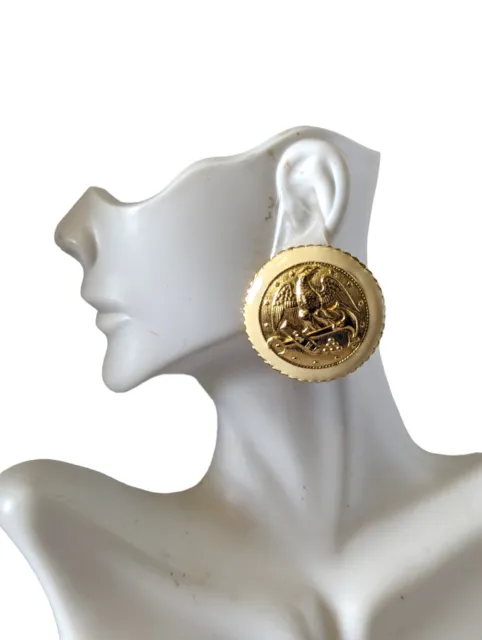 VINTAGE 80S OVERSIZED Round Gold Military Navy Eagle Clip On Earrings ...