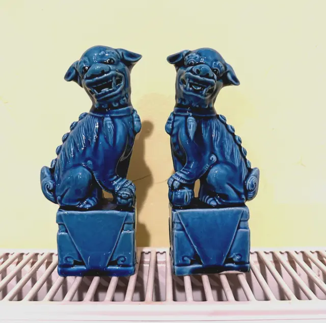 Chinese Old Marked Blue Glaze Porcelain Fengshui Lion Foo Fu Dogs Statues A Pair