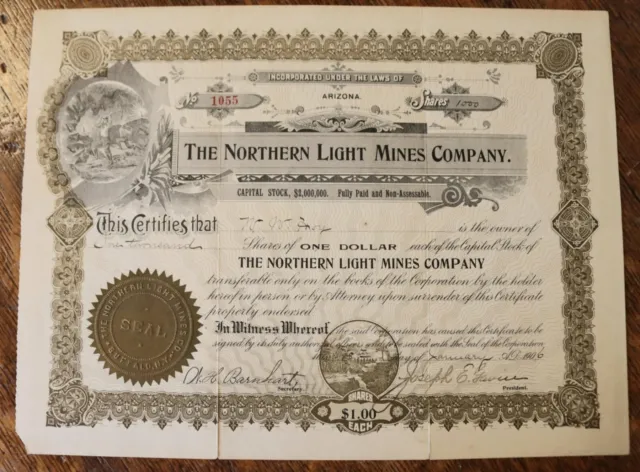 1906 The Northern Light Mines Company Stock Certificate 1000 Shares
