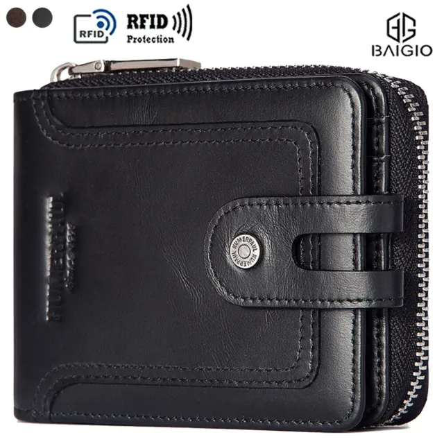 BAIGIO ​Mens Wallet Genuine Leather RFID Zip-Around Bifold Zipper Coins Pocket