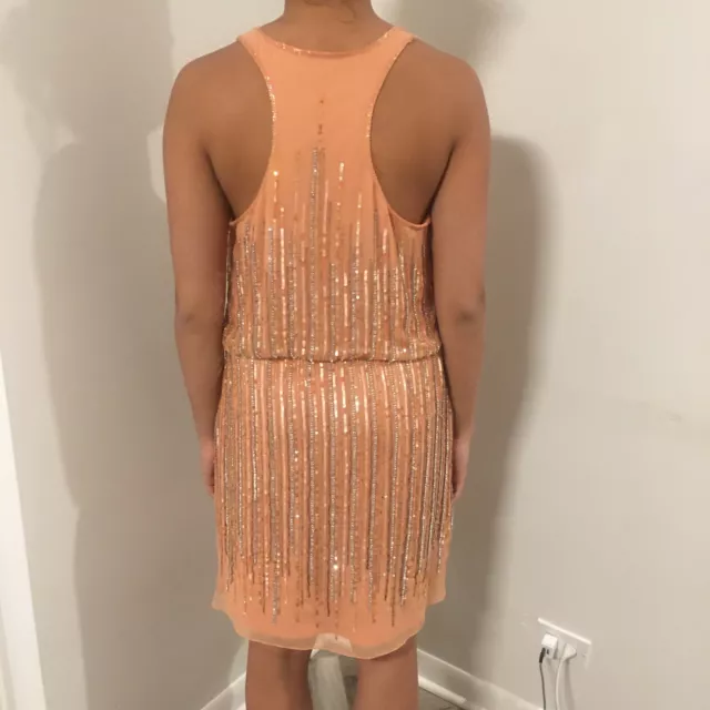 ADRIANNA PAPELL EVENING Coral Peach Sequins Beaded Short Racerback Tank Dress 6 3