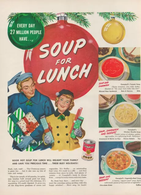 1950 Campbell's Tomato Soup Christmas Every Day Soup For Lunch Vintage Print Ad