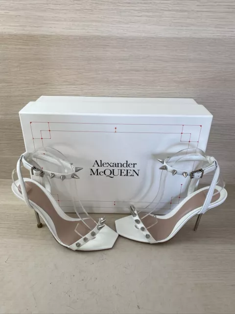 Alexander McQueen Punk Stud White Leather High Heel Ankle Strap Sandal Size 39.5