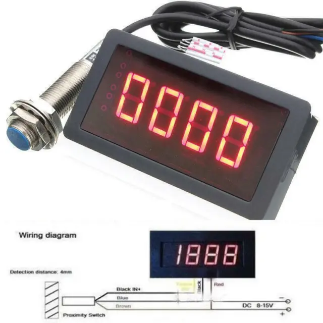 Red 4 Digital LED Tachometer RPM Speed Meter NPN Hall Proximity Switch Sensor