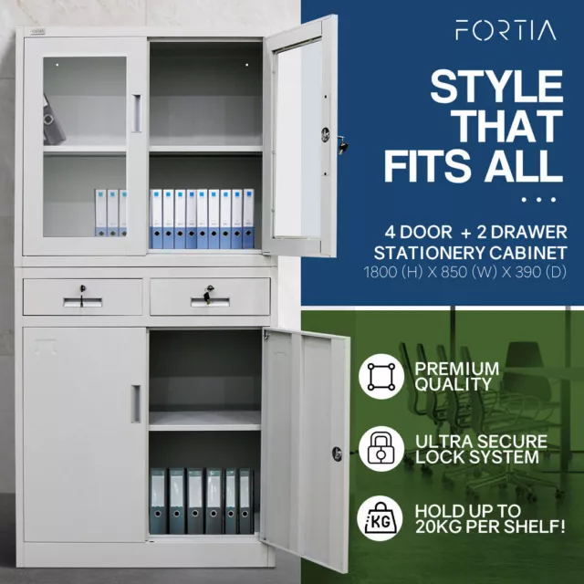 FORTIA 4-Door Lockable Cabinet Storage Steel Shelves Drawers Stationery Office