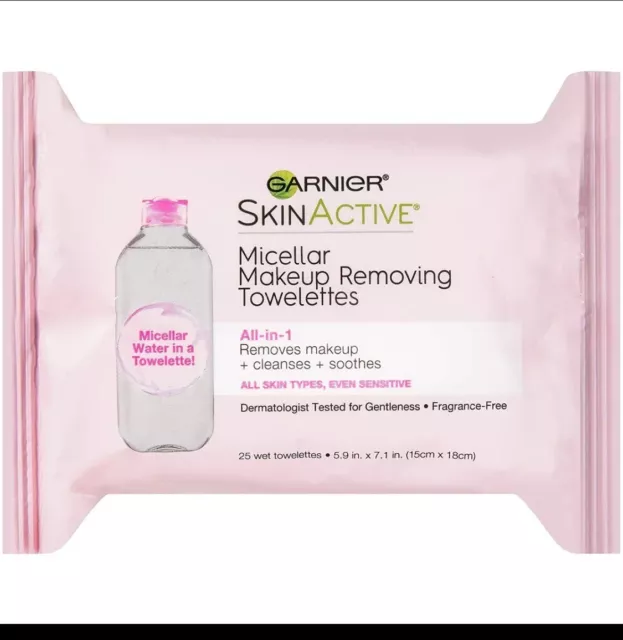 New 3 Garnier SkinActive Micellar Makeup Removing Towelettes 25 count