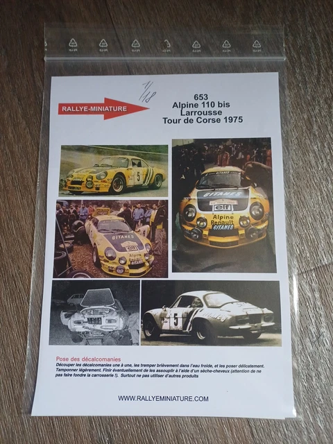 Planche Décalcomanie Rallye Miniature 1/16 Alpine Renault A110 Tour De Corse 1976