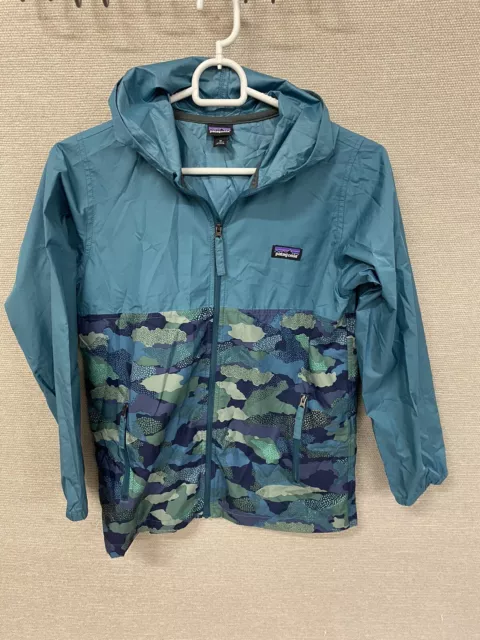 Patagonia Jacket Boys Medium Green Teal Camouflage Full Zip Hooded Windbreaker