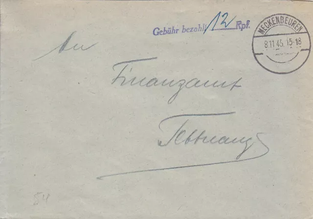 F.Zone - MECKENBEUREN  - Gebühr bezahlt - Brief - 1945