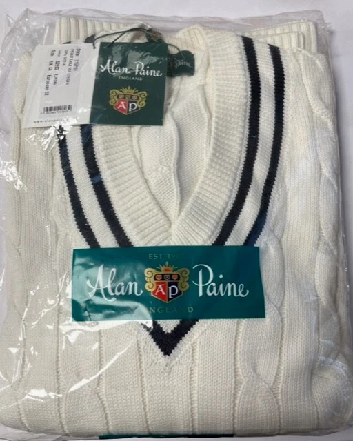 Alan Paine Cricket Cable Jumper, UK 44, White, New